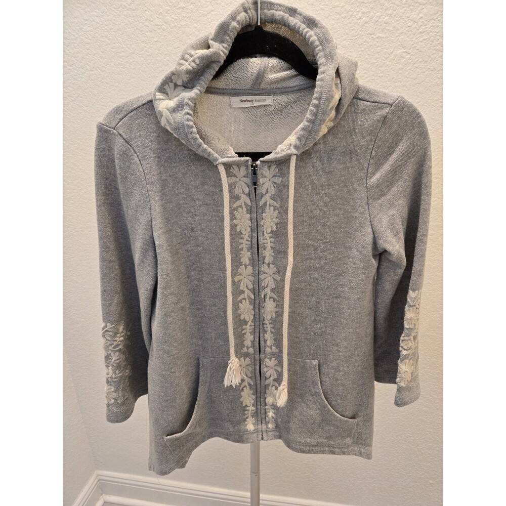 Newbury Kustom Gray Floral Embroidered Zip Up Hoodie Sweatshirt Cottagecore Boho